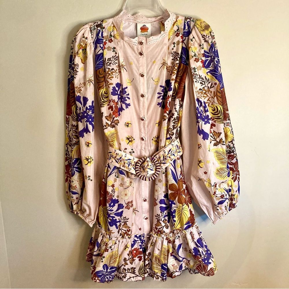 NEW FARM Rio Beauty Bouquet Pink Puff Sleeve Mini Dress Floral Button Size L - Picture 5 of 16